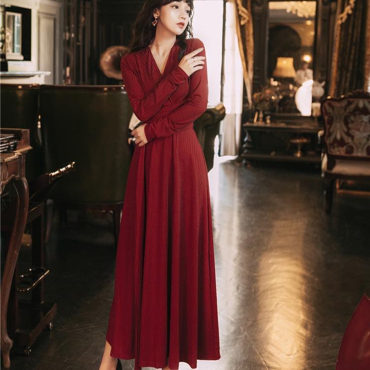 Early Autumn Retro Long-Sleeved Wine Red Dress Waist-Tight Dress Red Retro Vintage Cottagecore Aesthetic Flowy Victoria cottage core Dress