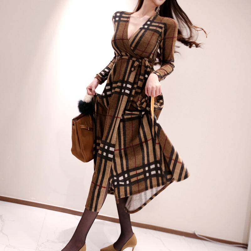 V-neck Lace-up Plaid Swing Wrap Dress