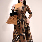V-neck Lace-up Plaid Swing Wrap Dress