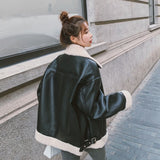 Cute Leather Jacket Women's Winter Leather Coat Fleece-Lined Thickened Motorcycle Clothing