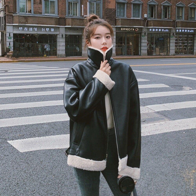 Cute Leather Jacket Women's Winter Leather Coat Fleece-Lined Thickened Motorcycle Clothing