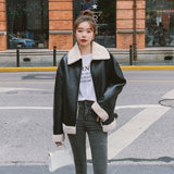 Cute Leather Jacket Women's Winter Leather Coat Fleece-Lined Thickened Motorcycle Clothing