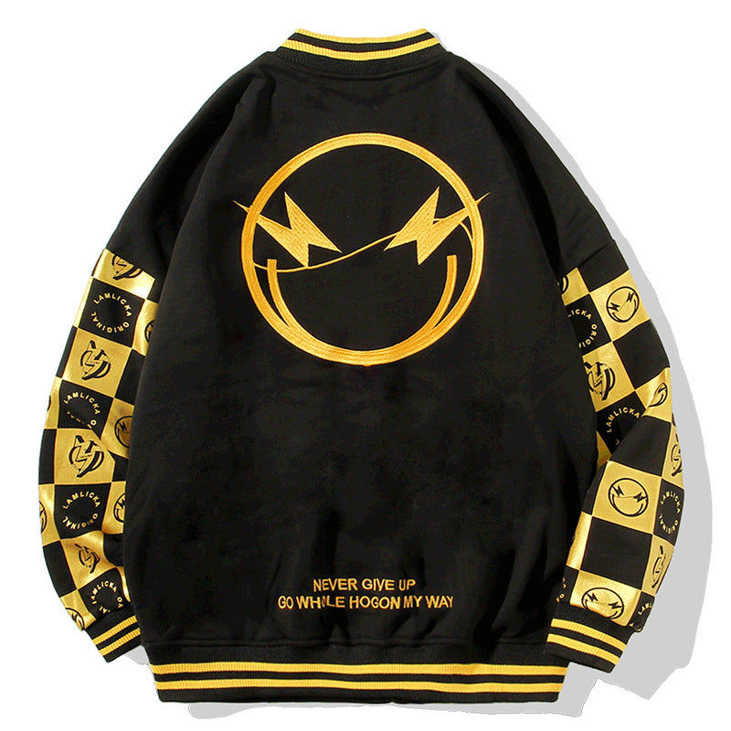 Yellow Varsity Jacket Autumn and Winter Men's Baseball Uniform Panda Embroidery Bronzing plus Velvet Long Sleeve Jacket Hoodie Coat