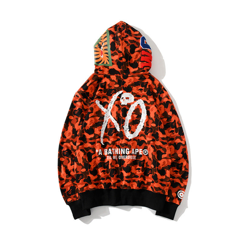 Shark Print Hoodie Camouflage Red Cardigan Zipper Hooded Sweater
