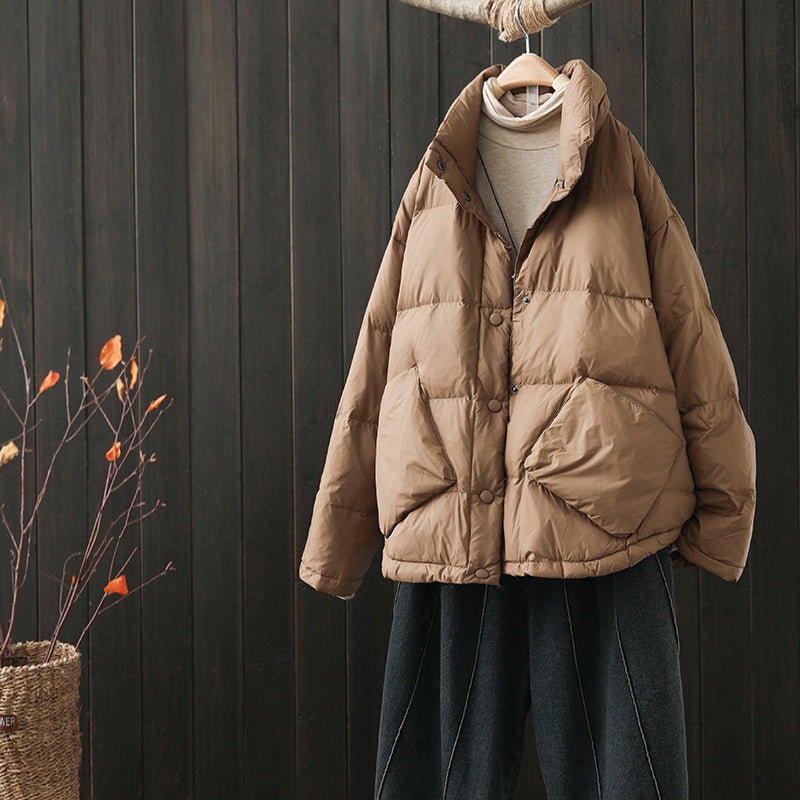 Women Winter Coats Puffer Jacket Down Coat Autumn and Winter Artistic Stand Collar Short White Duck Down Coat