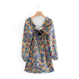 Milkmaid Dress Summer Square Collar Lace Up Lantern Sleeve Floral Dress