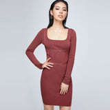 Women Spring Dress Waist Knitted Dress Sweater Slim Fit Square Collar Sexy Hip Strap Woolen Skirt