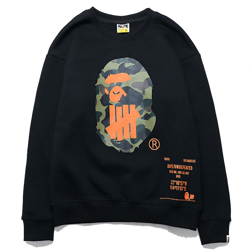 Shark Print Sweatshirts Autumn And Winter Camouflage Monkey Head Printed Loose Round Neck Fleece-Lined Sweater Men And Women