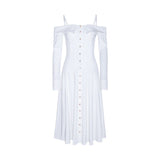 Women Spring Dress Sling off-Shoulder Mid-Length Dress Slim French White Lady Dress