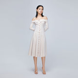 Women Spring Dress Sling off-Shoulder Mid-Length Dress Slim French White Lady Dress