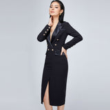 Women Spring Dress Front Slit Sheath V-neck Long Sleeve Suit Dress
