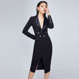 Women Spring Dress Front Slit Sheath V-neck Long Sleeve Suit Dress
