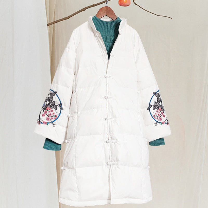 Women Winter Coats Puffer Jacket Down Coat White Duck Down Jacket Embroidered Mid-Length White Duck Down Hooded Jacket