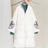 Women Winter Coats Puffer Jacket Down Coat White Duck Down Jacket Embroidered Mid-Length White Duck Down Hooded Jacket