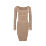Women Spring Dress Waist Knitted Dress Sweater Slim Fit Square Collar Sexy Hip Strap Woolen Skirt