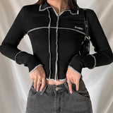 Music Festivals Rave Outfits Girls Tops Autumn and Winter Women's Lapel Long Sleeve T-shirt