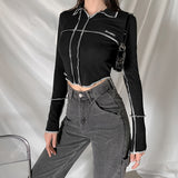 Music Festivals Rave Outfits Girls Tops Autumn and Winter Women's Lapel Long Sleeve T-shirt