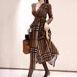 V-neck Lace-up Plaid Swing Wrap Dress