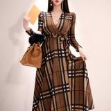 V-neck Lace-up Plaid Swing Wrap Dress