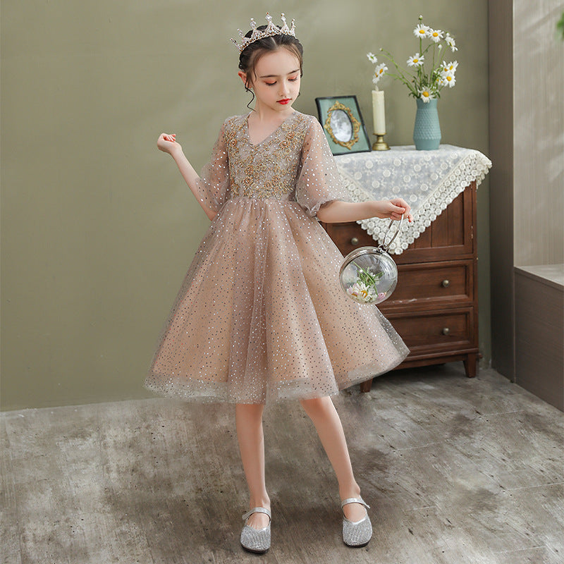 Princess Charlotte Flower Girl Dress Children Autumn and Winter Long Host Piano Catwalk Performance Costumes