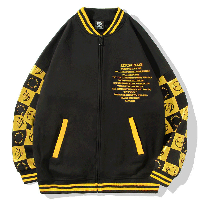 Yellow Varsity Jacket Autumn and Winter Men's Baseball Uniform Panda Embroidery Bronzing plus Velvet Long Sleeve Jacket Hoodie Coat