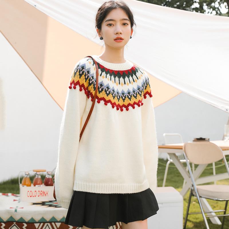 Fair Isle Sweater Cottagecore Outfits for Women Autumn Winter Retro Pullover round Neck Outerwear Sweater