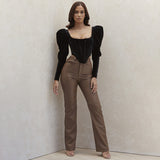 Brown Leather Pants I Autumn and Winter High Waist Sheath Pu Motorcycle Trousers for Women