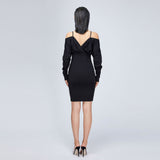 Women Spring Dress Autumn Solid Color off-the-Shoulder Strap Top Baggy Package Hip Tight Skirt Long Sleeve Waist-Tight Sexy Black Dress