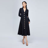 Women Spring Dress French Cardigan High Waist Midi Skirt Long Sleeve Solid Color Buttons Slim Dress