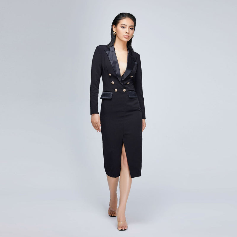 Women Spring Dress Front Slit Sheath V-neck Long Sleeve Suit Dress