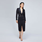 Women Spring Dress Front Slit Sheath V-neck Long Sleeve Suit Dress
