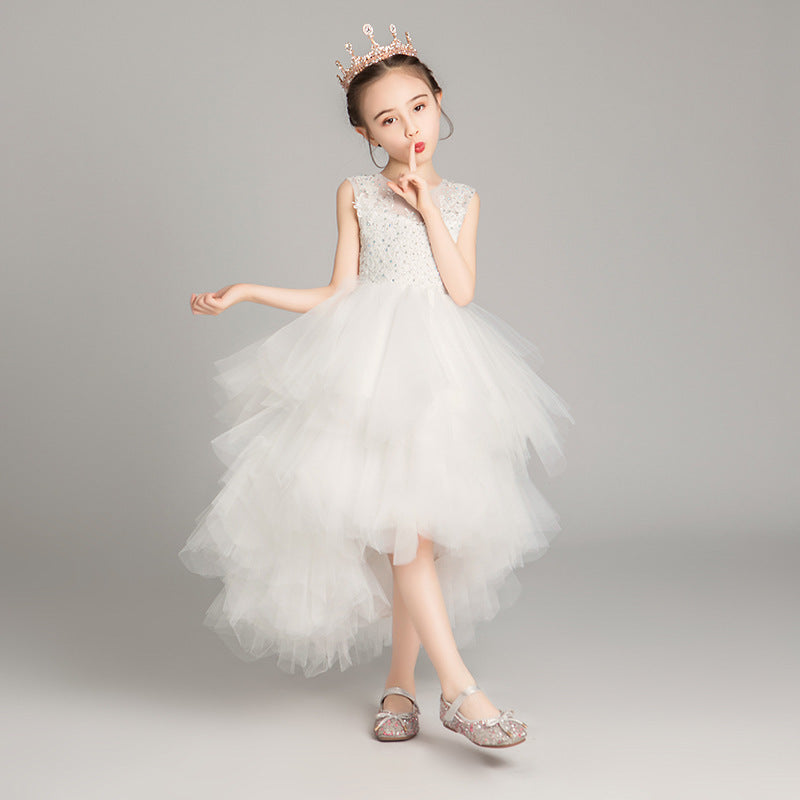 Princess Charlotte Flower Girl Dress Children Princess Host White Birthday Costume for Piano Performance