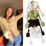 90S Outfits Autumn Retro Detachable Fur Collar Sweater Tup Cardigan Coat