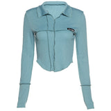 Music Festivals Rave Outfits Girls Tops Autumn and Winter Women's Lapel Long Sleeve T-shirt