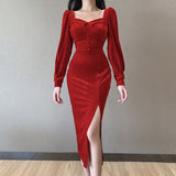 Winter Formal Dresses Autumn Winter Sexy Square Collar Chest Slimming Waist Zipper Design Long Sleeve Dress