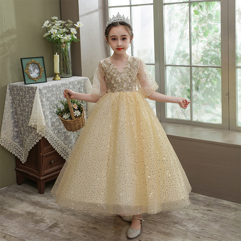 Princess Charlotte Flower Girl Dress Children Autumn and Winter Long Host Piano Catwalk Performance Costumes