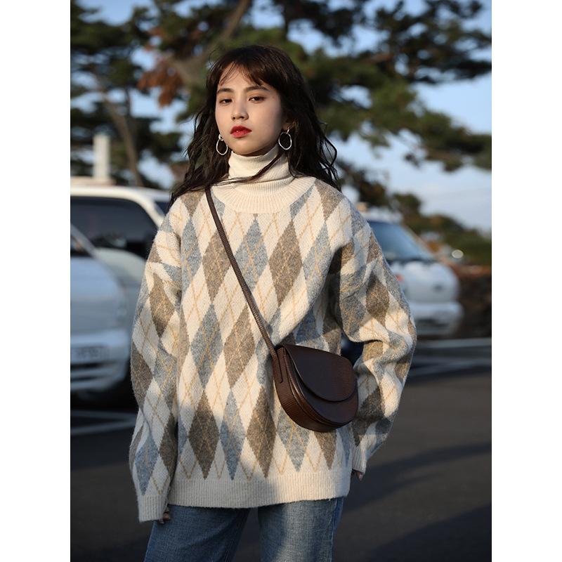 Fair Isle Sweater Cottagecore Outfits for Women Fairisland Sweater Women's Loose Autumn and Winter Thick Pullover Student Rhombus Vintage Sweater