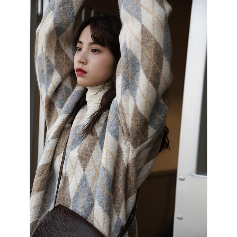 Fair Isle Sweater Cottagecore Outfits for Women Fairisland Sweater Women's Loose Autumn and Winter Thick Pullover Student Rhombus Vintage Sweater