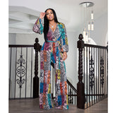 Autumn Printed Bell-Bottom Pants Long Sleeve Jumpsuit Wide Leg Pants