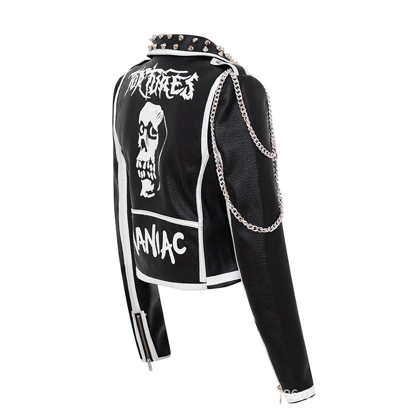 Women's Leather Jacket Biker Motorcycle Coat Autumn and Winter Fashion Chain Coat Printed Leather Coat for Women