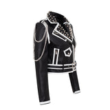 Women's Leather Jacket Biker Motorcycle Coat Autumn and Winter Fashion Chain Coat Printed Leather Coat for Women