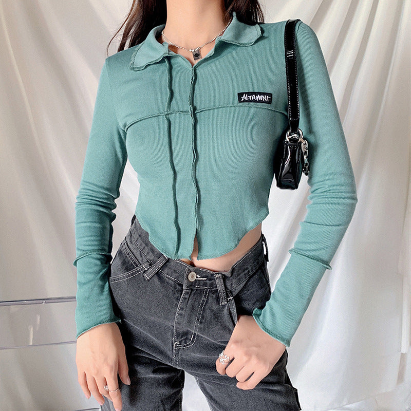 Music Festivals Rave Outfits Girls Tops Autumn and Winter Women's Lapel Long Sleeve T-shirt