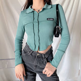 Music Festivals Rave Outfits Girls Tops Autumn and Winter Women's Lapel Long Sleeve T-shirt