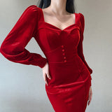 Winter Formal Dresses Autumn Winter Sexy Square Collar Chest Slimming Waist Zipper Design Long Sleeve Dress