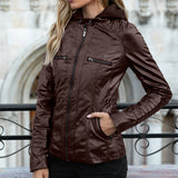 Cute Leather Jacket Hooded Long-Sleeve Zipper Solid Color Jacket Coat