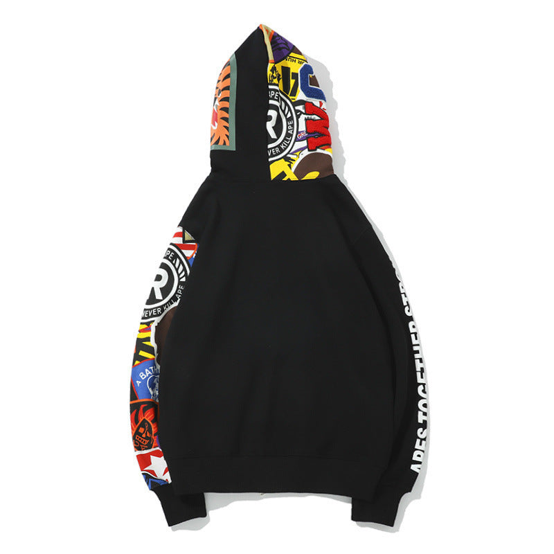 Shark Print Hoodie Spring And Autumn Graffiti Printing Hooded Cardigan Sweater For Men And Women