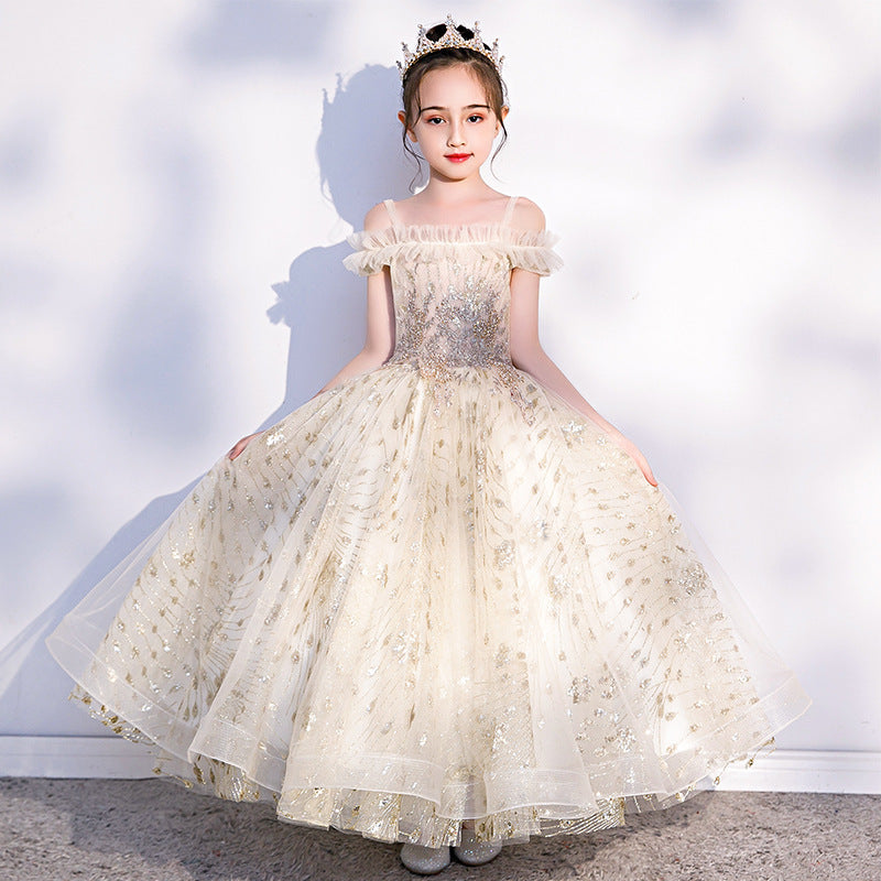 Princess Charlotte Flower Girl Dress Children Host Model Catwalk Performance Costumes Champagne Princess Dress