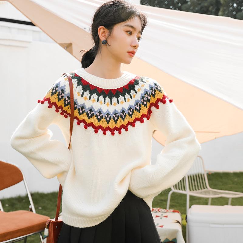 Fair Isle Sweater Cottagecore Outfits for Women Autumn Winter Retro Pullover round Neck Outerwear Sweater