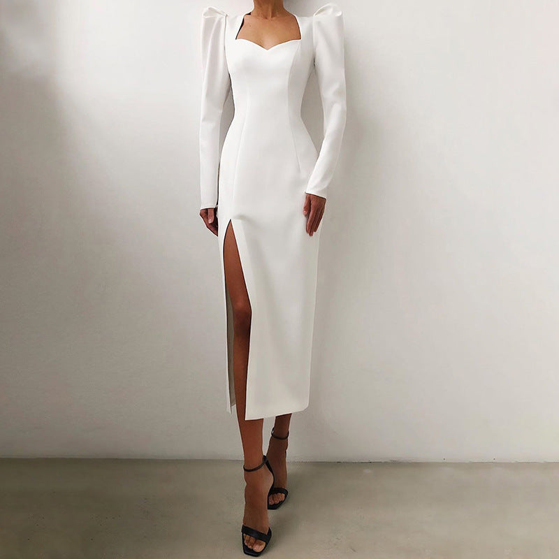 Winter Formal Dresses Autumn Solid Color Pullover Puff Sleeve Split Long Sleeve Dress