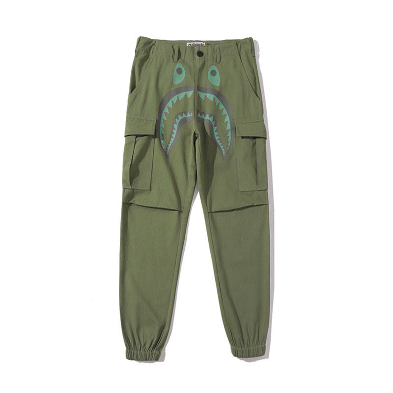 Shark Print Pant Men'S Shark Head Printed Ankle-Tied Overalls Trousers